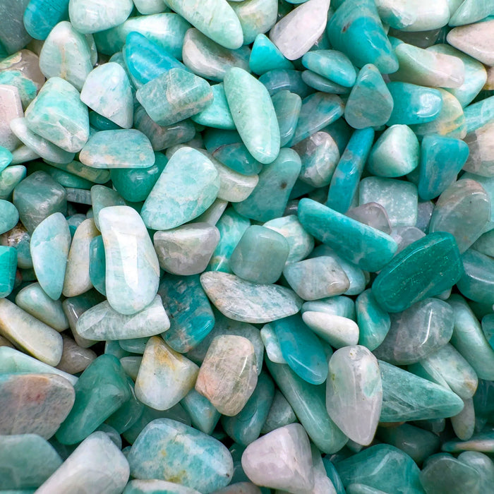Top-side view of Amazonite polished chip, showing natural sheen, for Stress Relief.