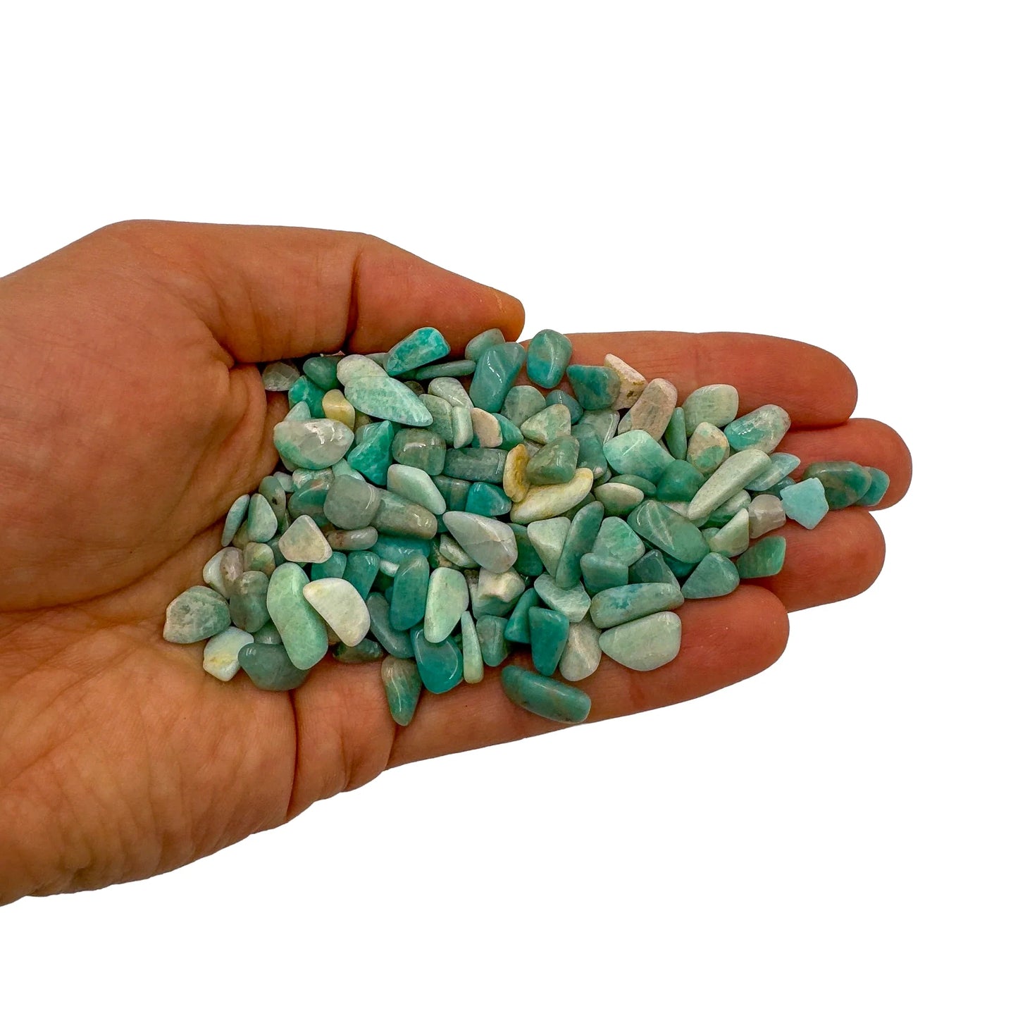 Alternate angle of Amazonite polished chip, sourced from Nampula, Mozambique, showing glassy finish.