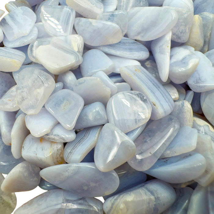 Color detail of Grade A Blue Lace Agate polished chip.