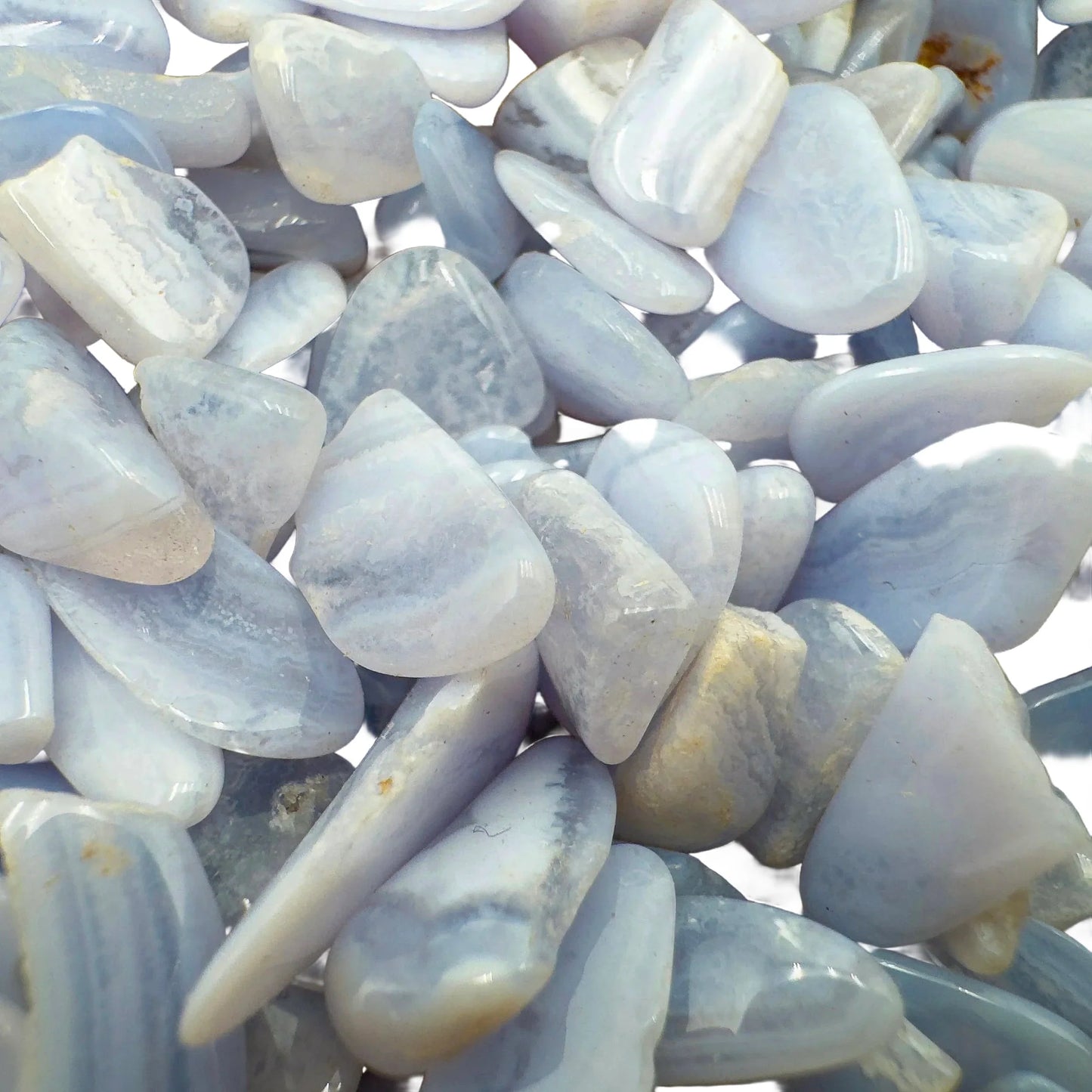 Side perspective of Blue Lace Agate polished chip, Namibia-sourced.
