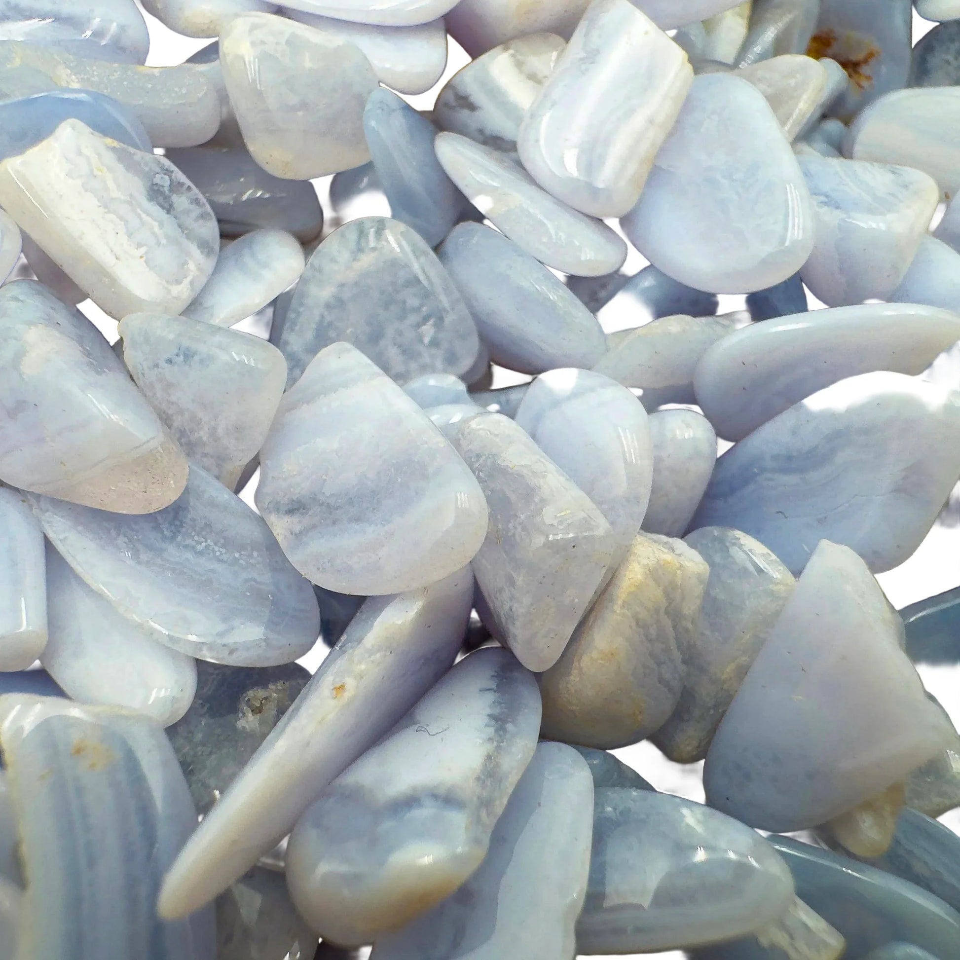 Side perspective of Blue Lace Agate polished chip, Namibia-sourced.