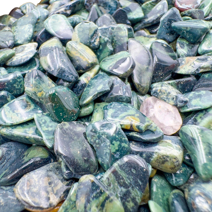 Detail of Kambaba Jasper polished chip, showing characteristic color, linked to Grounding and Stress Relief.