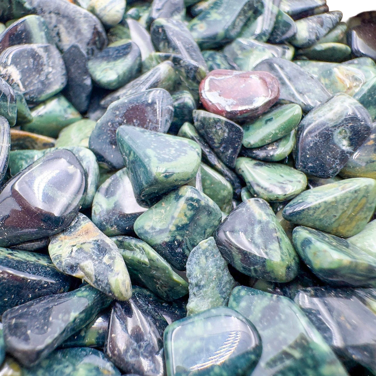 Side profile of Kambaba Jasper polished chip, showing subtle veining, kept close for Grounding and Stress Relief.