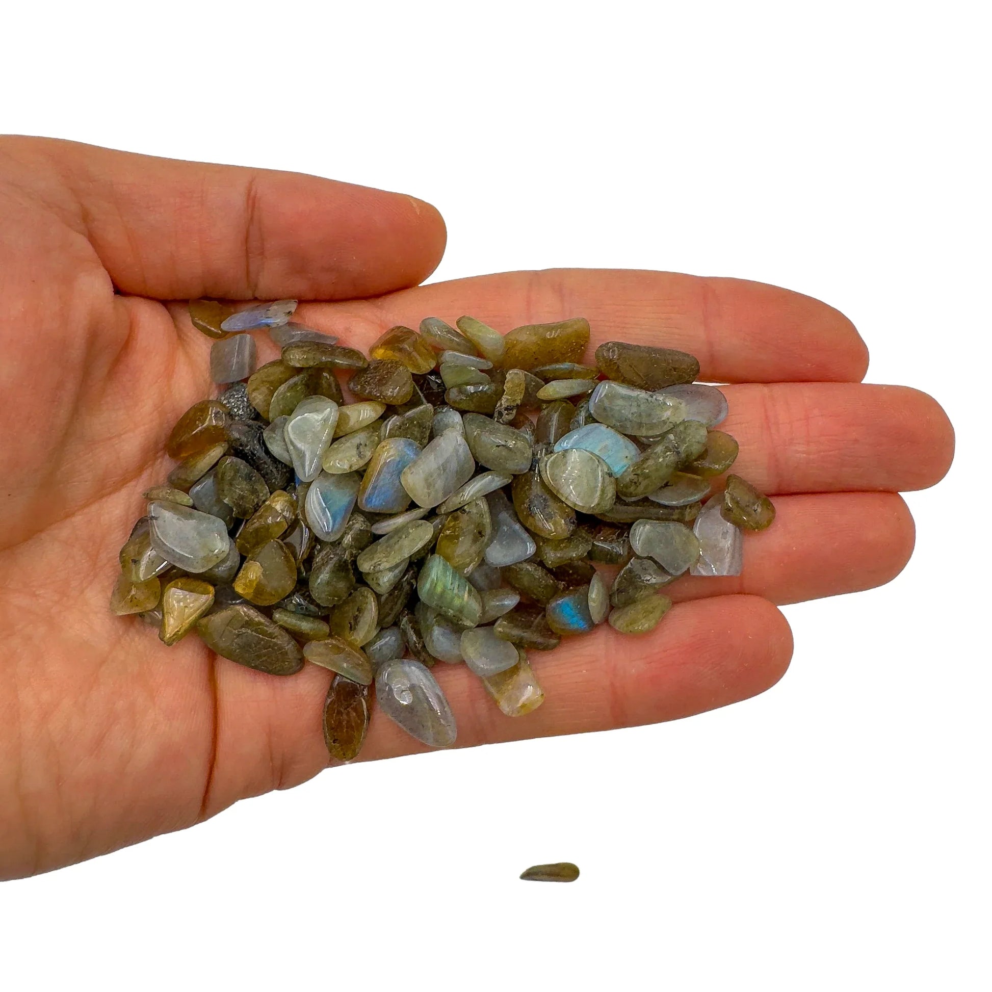 Rear view of Labradorite polished chip, hand-selected from Atsimo-Andrefana, Madagascar.