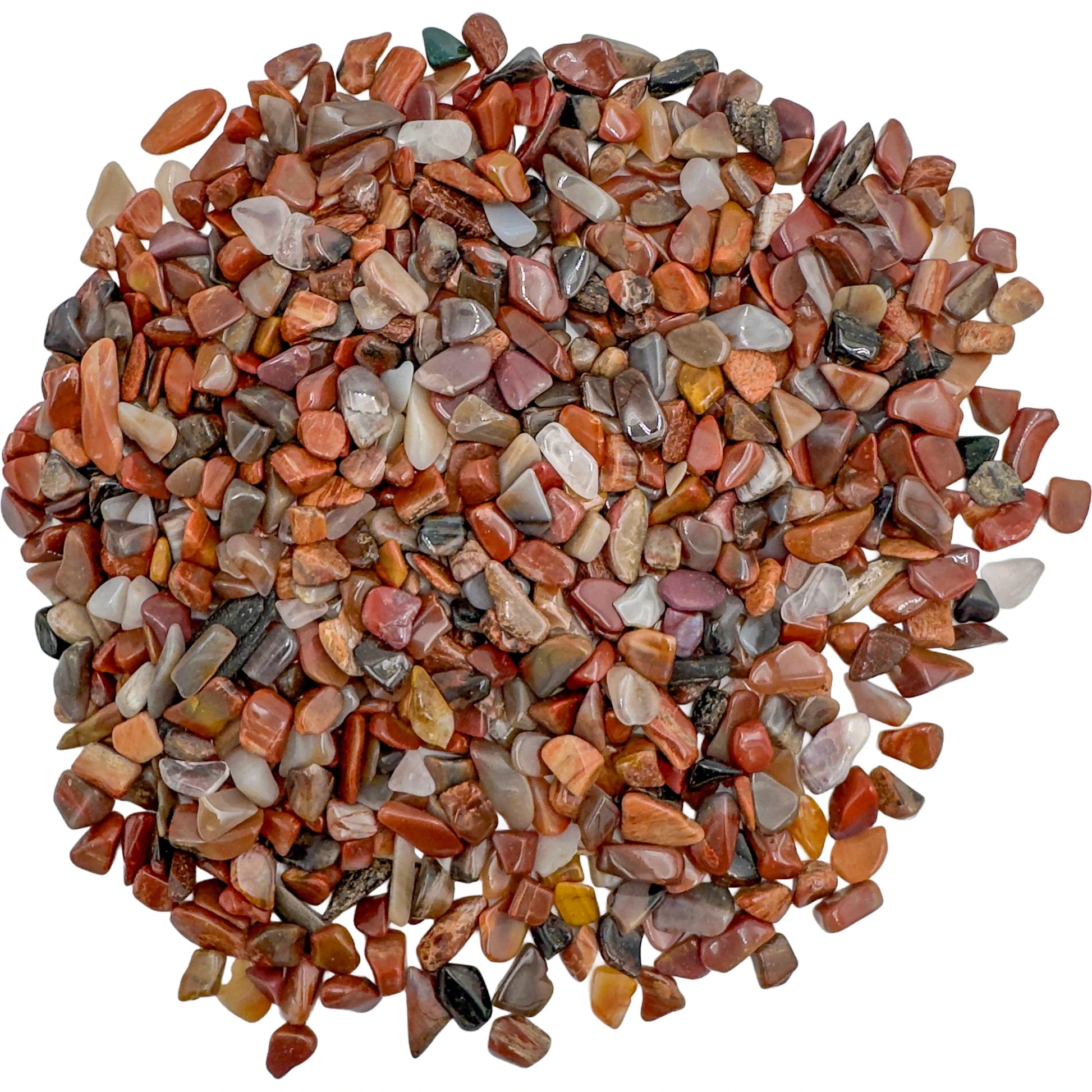 Petrified wood crystal chips bulk lot, Madagascar, showing natural wood grain texture preserved in stone