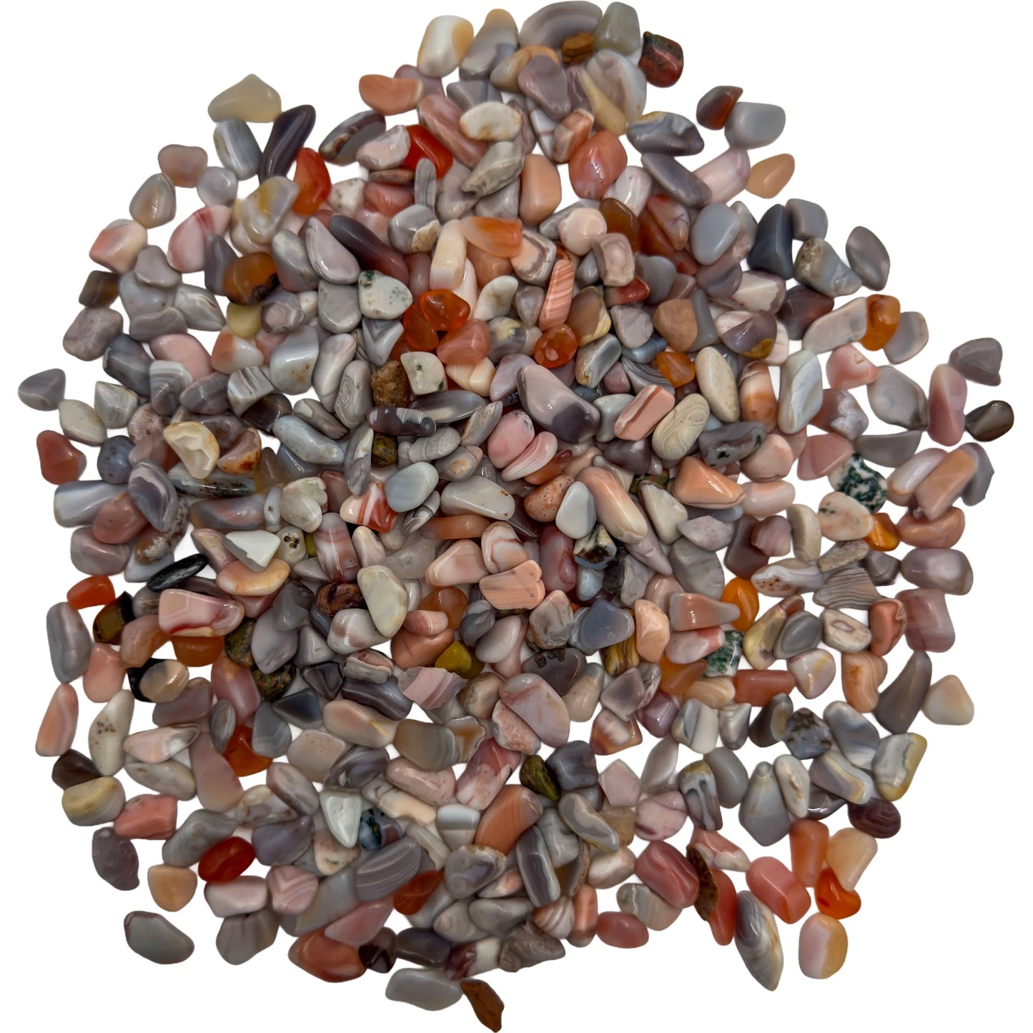 Pink agate crystal chips bulk lot, Botswana, polished pink and peach chips on neutral background