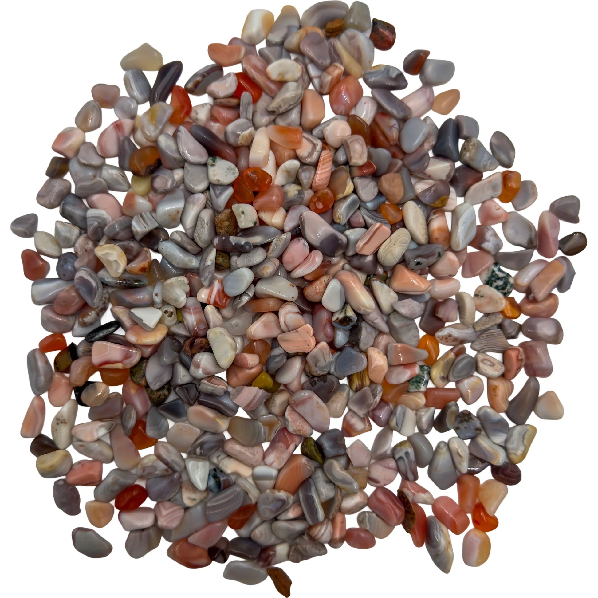Pink agate crystal chips bulk lot, Botswana, polished pink and peach chips on neutral background