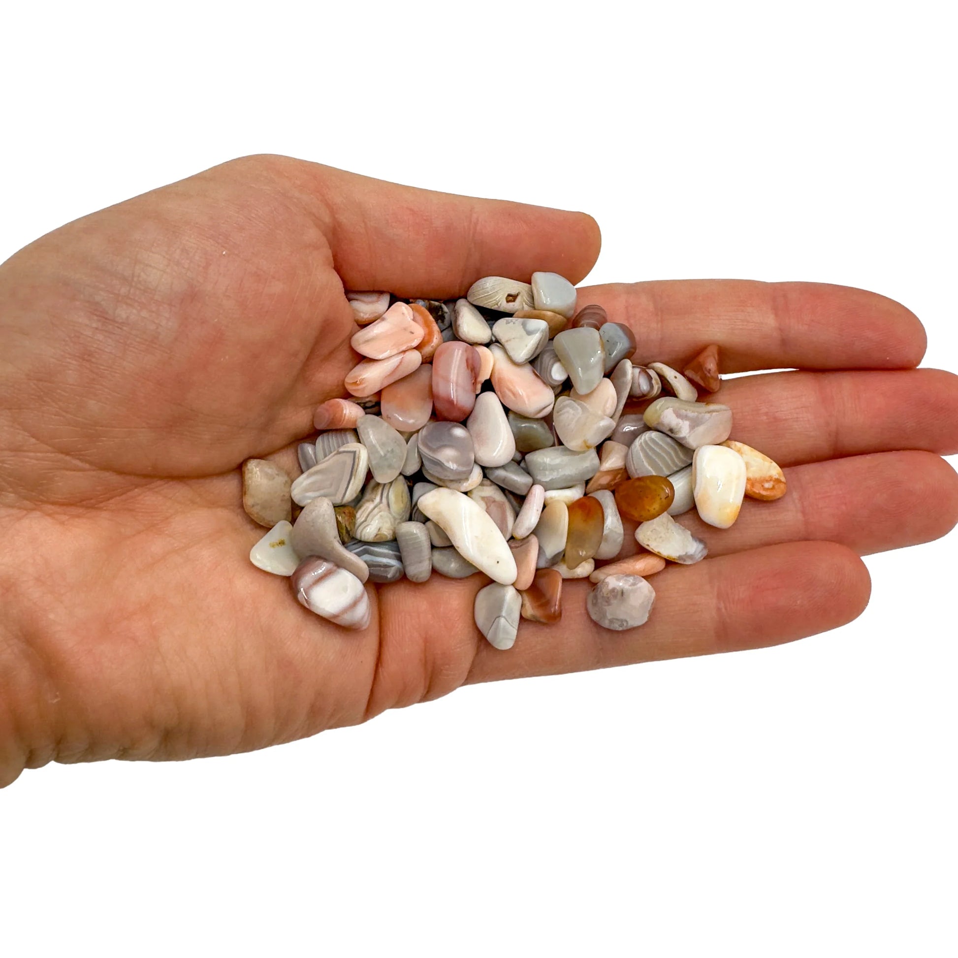 Pink agate chips product shot showing quantity and translucency, Grade A Botswana material