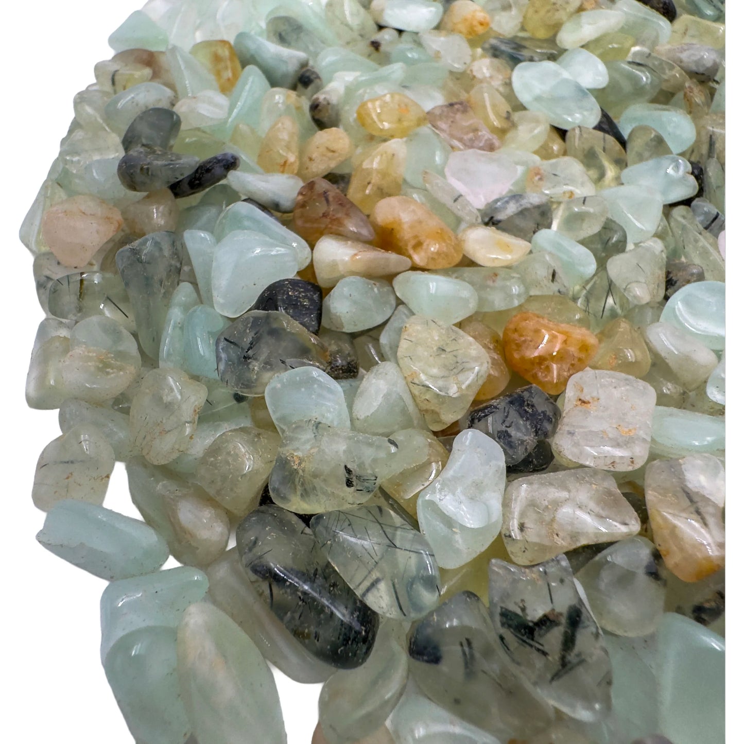 Prehnite crystal chips product shot, Grade A Namibia material showing quantity and color