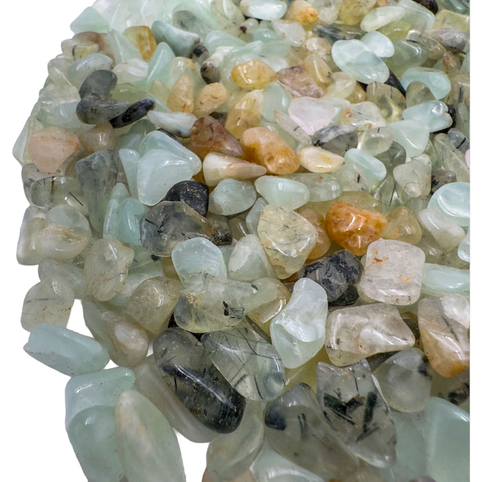 Prehnite crystal chips product shot, Grade A Namibia material showing quantity and color