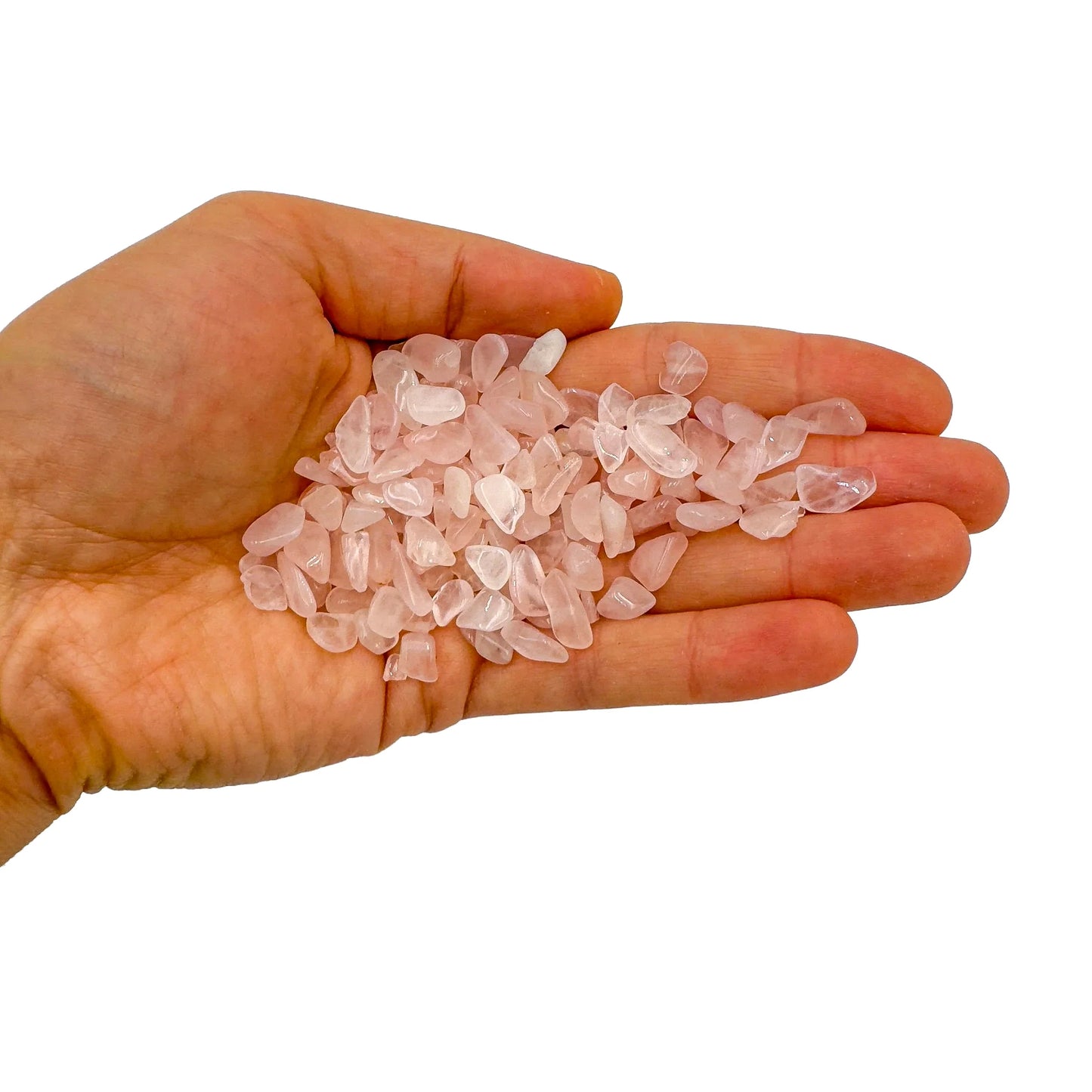 Reverse angle of Rose Quartz polished chip, traditionally used for Love, sourced from Northern Cape, South Africa.