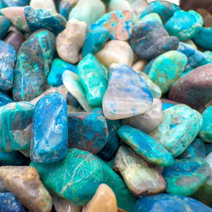 Edge-on view of Grade A Chrysocolla polished chip, showing earthy tone, sourced from Namibia.