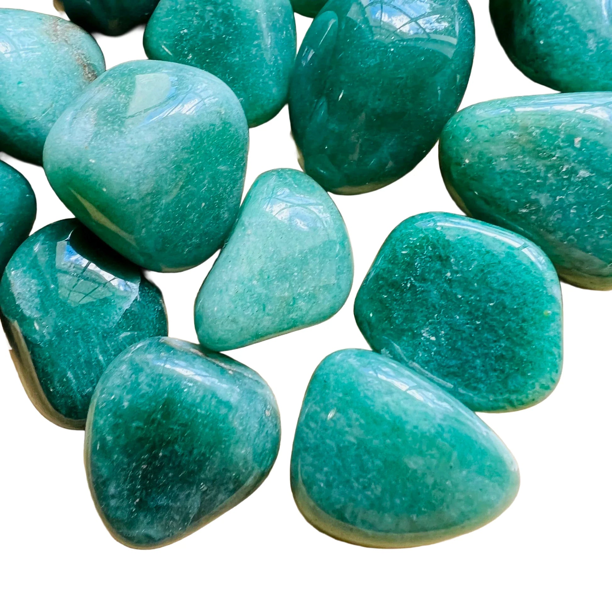 Overhead angle of green Aventurine tumbled stone, from Brazil, traditionally used for Luck.