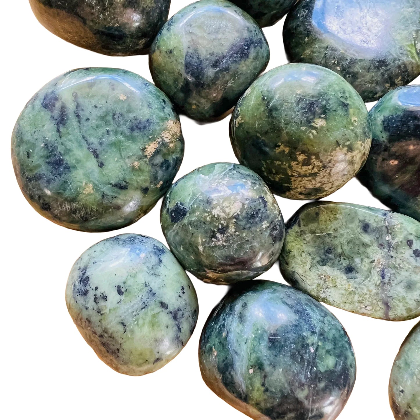 Sideways view of Jade tumbled stone, Peru-sourced.