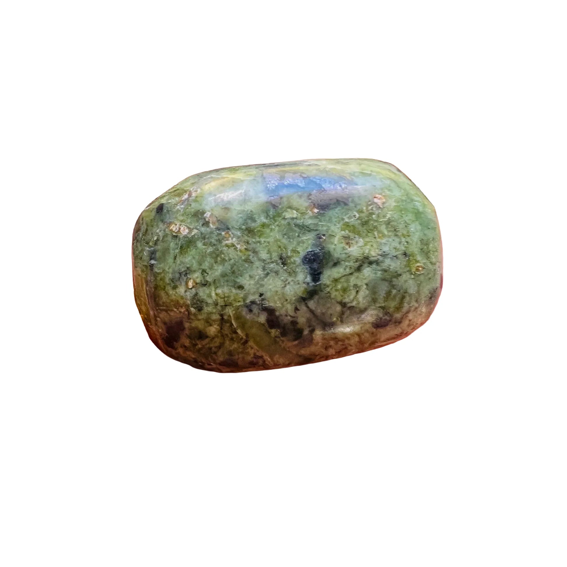 Natural light context of Jade tumbled stone, shown alongside the hand for scale.