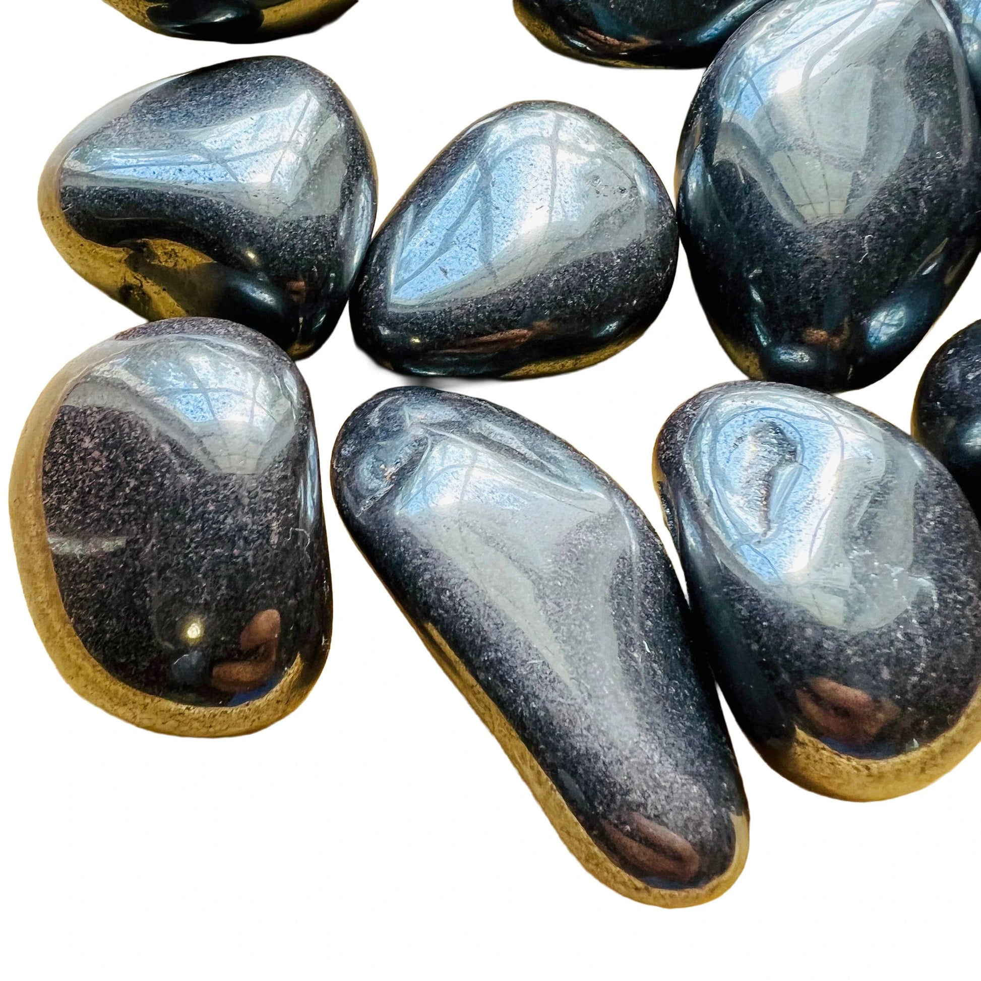 Side-on view of Hematite tumbled stone, Brazil-sourced.