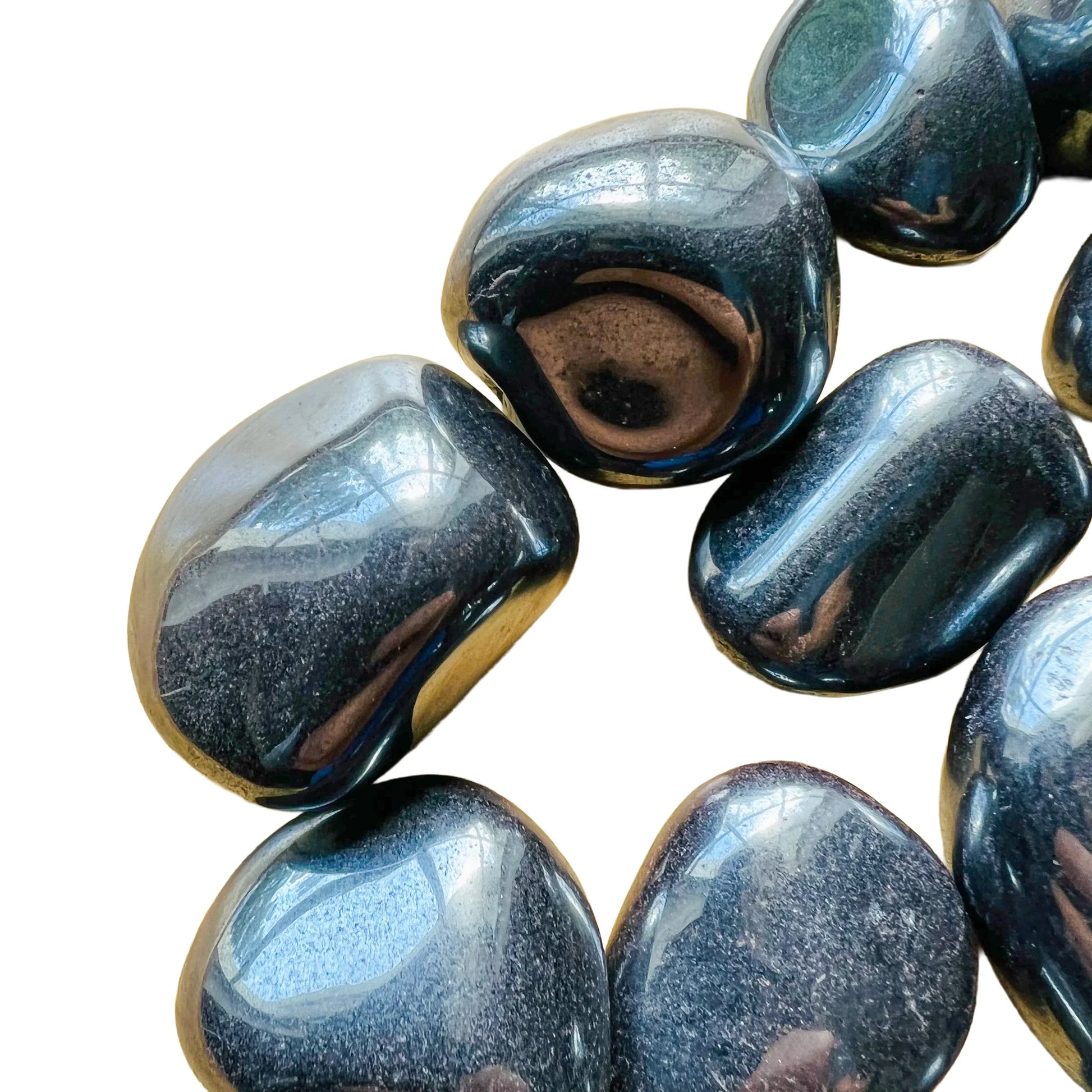 Top view of Hematite tumbled stone, for Grounding, sourced from Brazil.