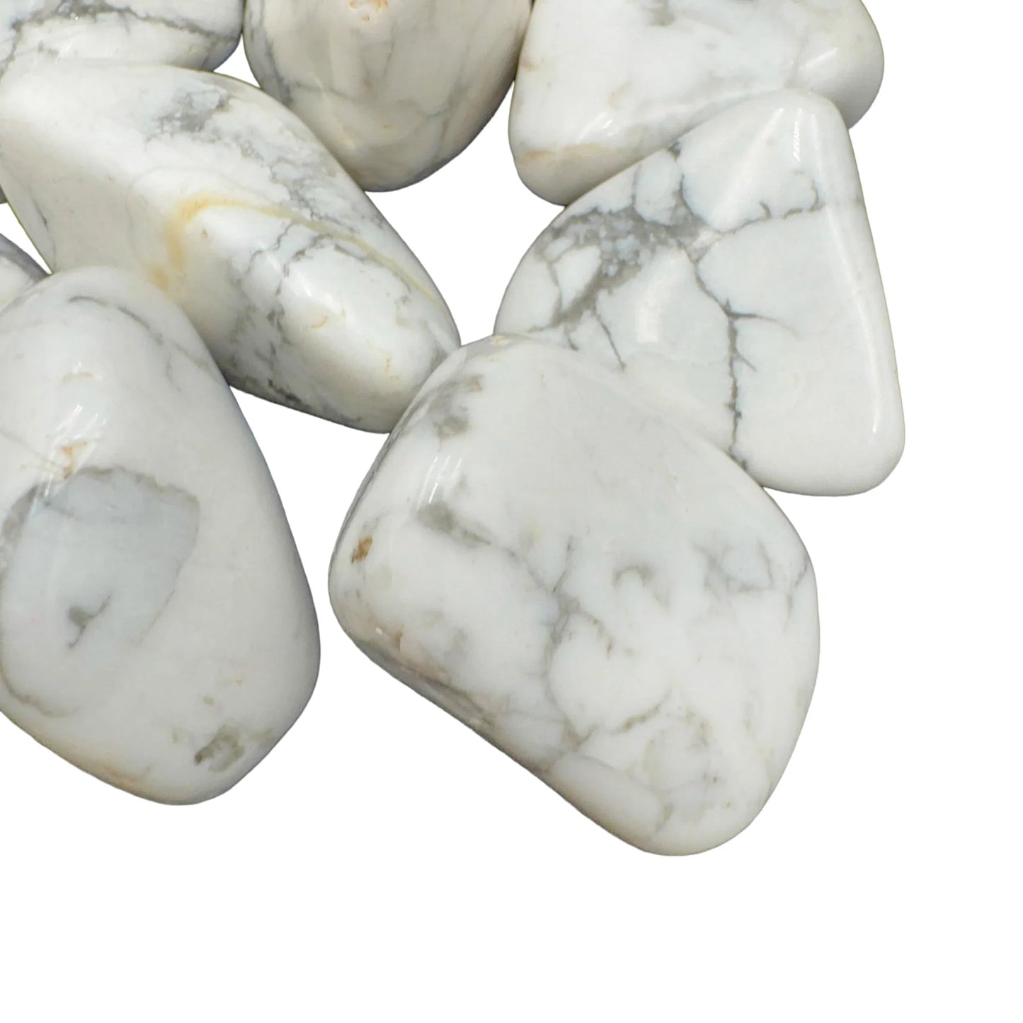 Top view of Howlite tumbled stone, sourced from Masvingo, Zimbabwe, showing matte finish.
