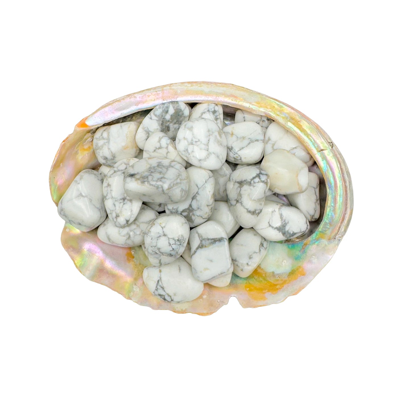 Near view of Howlite tumbled stone, Zimbabwe-sourced, showing soft luster.