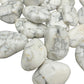 Side angle of Howlite tumbled stone, hand-selected from Masvingo, Zimbabwe, showing characteristic finish.
