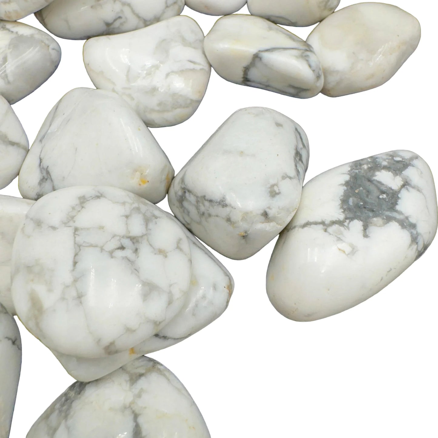 Overhead angle of Howlite tumbled stone, showing translucent edges, linked to Stress Relief.