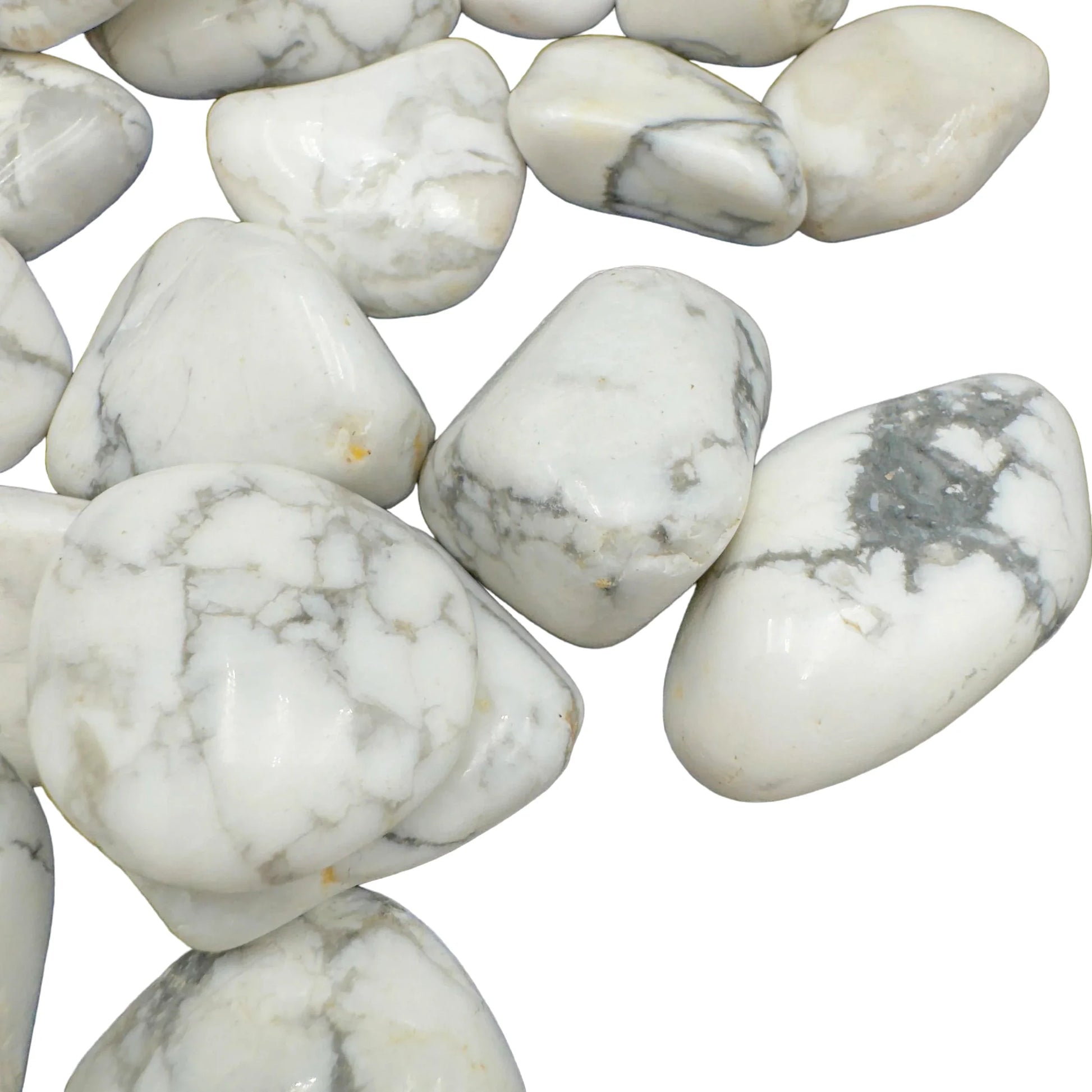 Overhead angle of Howlite tumbled stone, showing translucent edges, linked to Stress Relief.