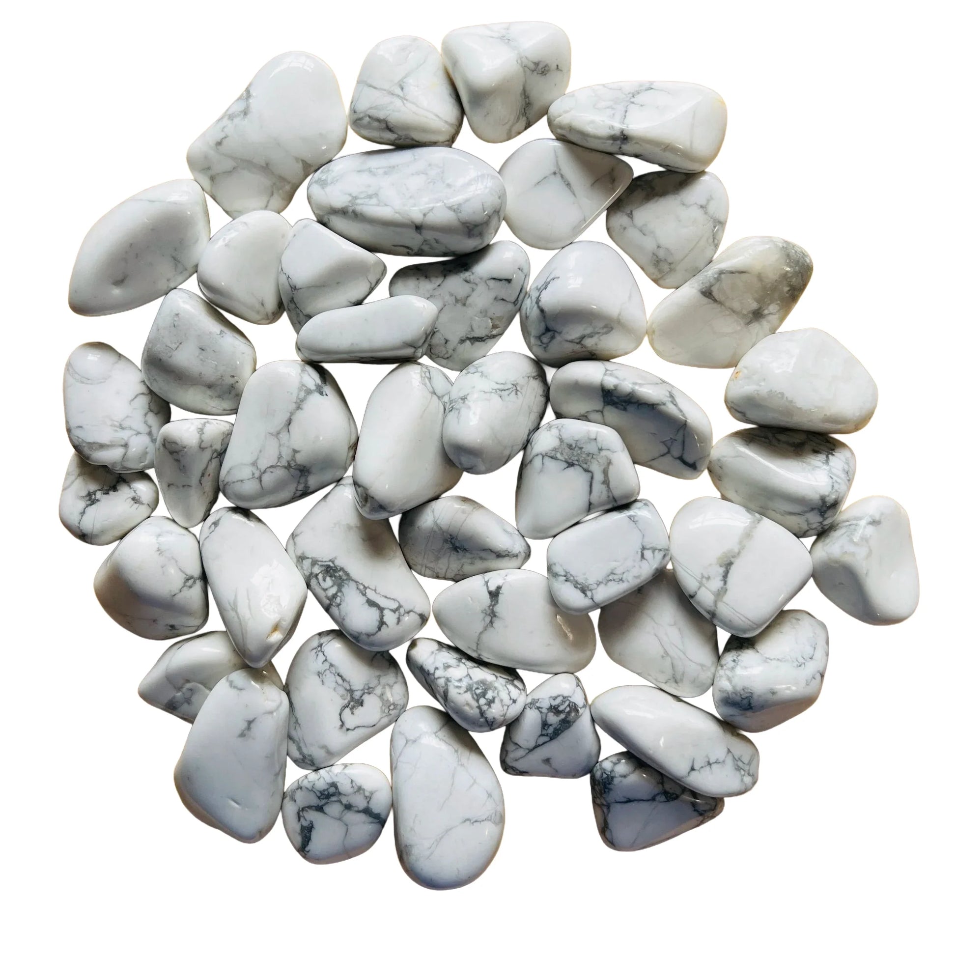 Lifestyle still of Howlite tumbled stone, shown at hand scale.