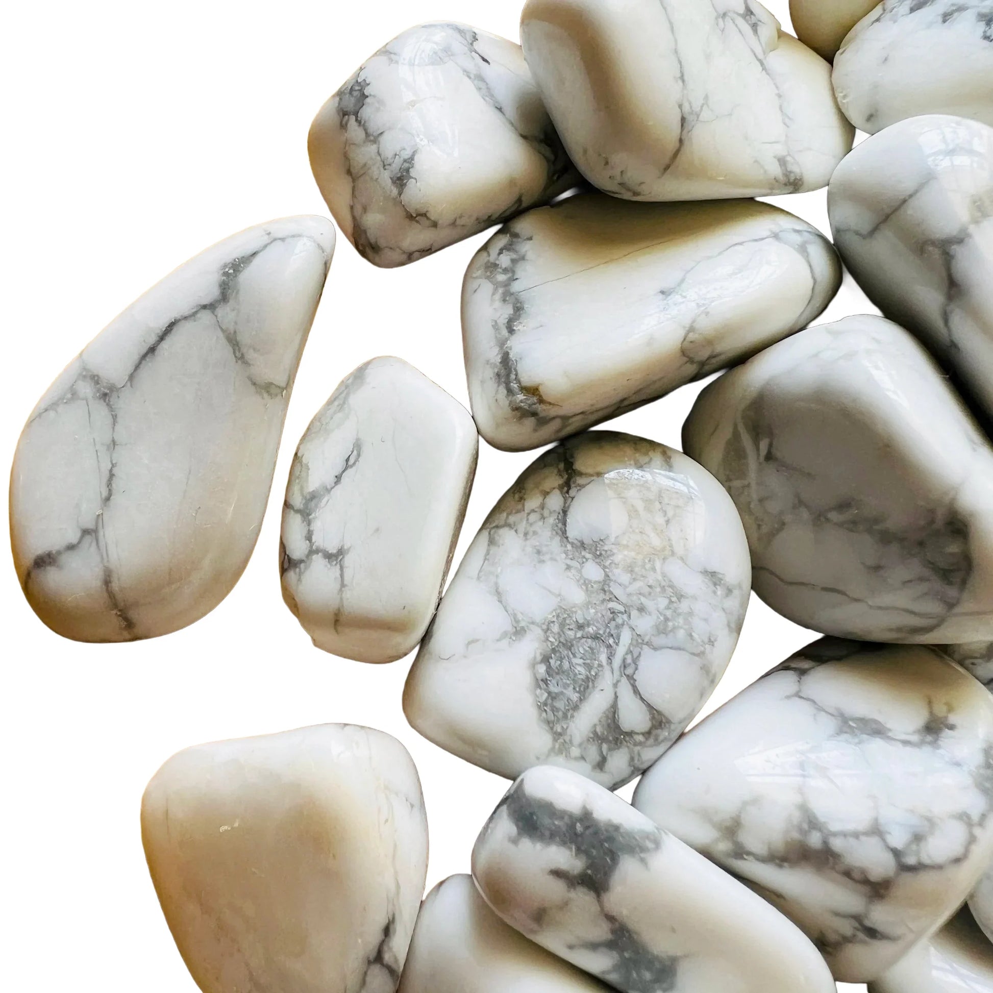 Plan view of Howlite tumbled stone, showing translucent edges.