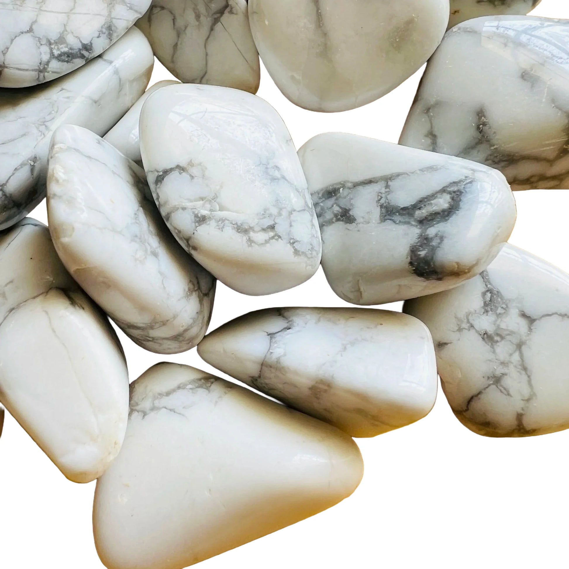 Alternate angle of Grade AA Howlite tumbled stone, kept close for Stress Relief, hand-selected from Masvingo, Zimbabwe.