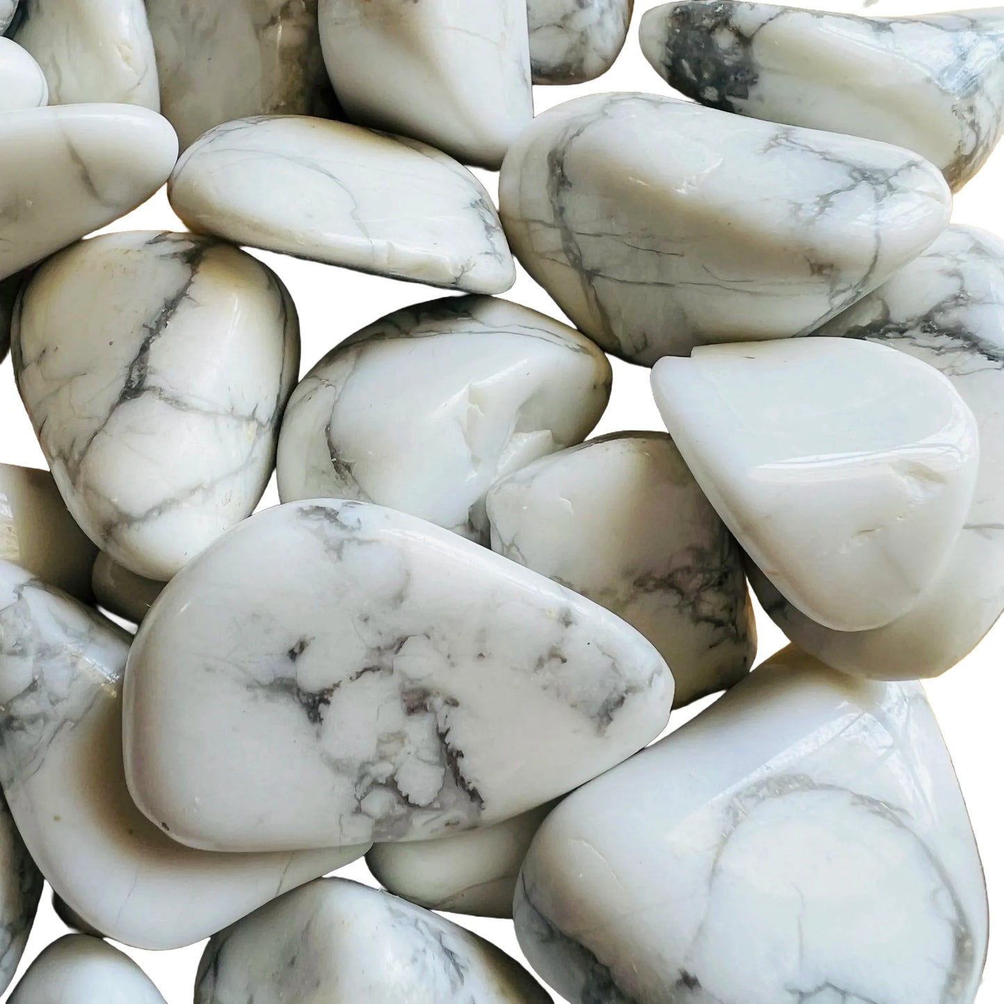 Size comparison with a single Howlite tumbled stone hand-selected from Masvingo, Zimbabwe.
