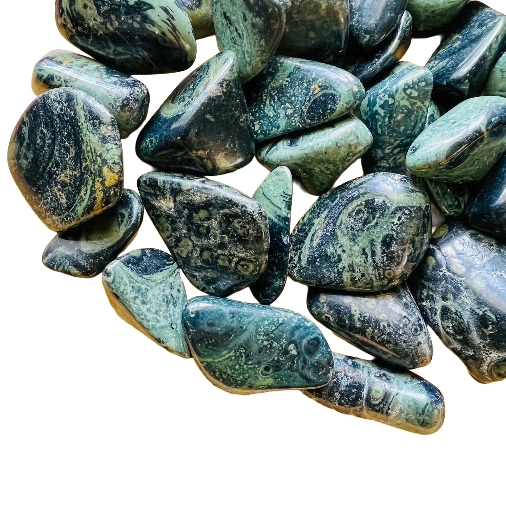 Rear view of Kambaba Jasper tumbled stone, showing matte finish.