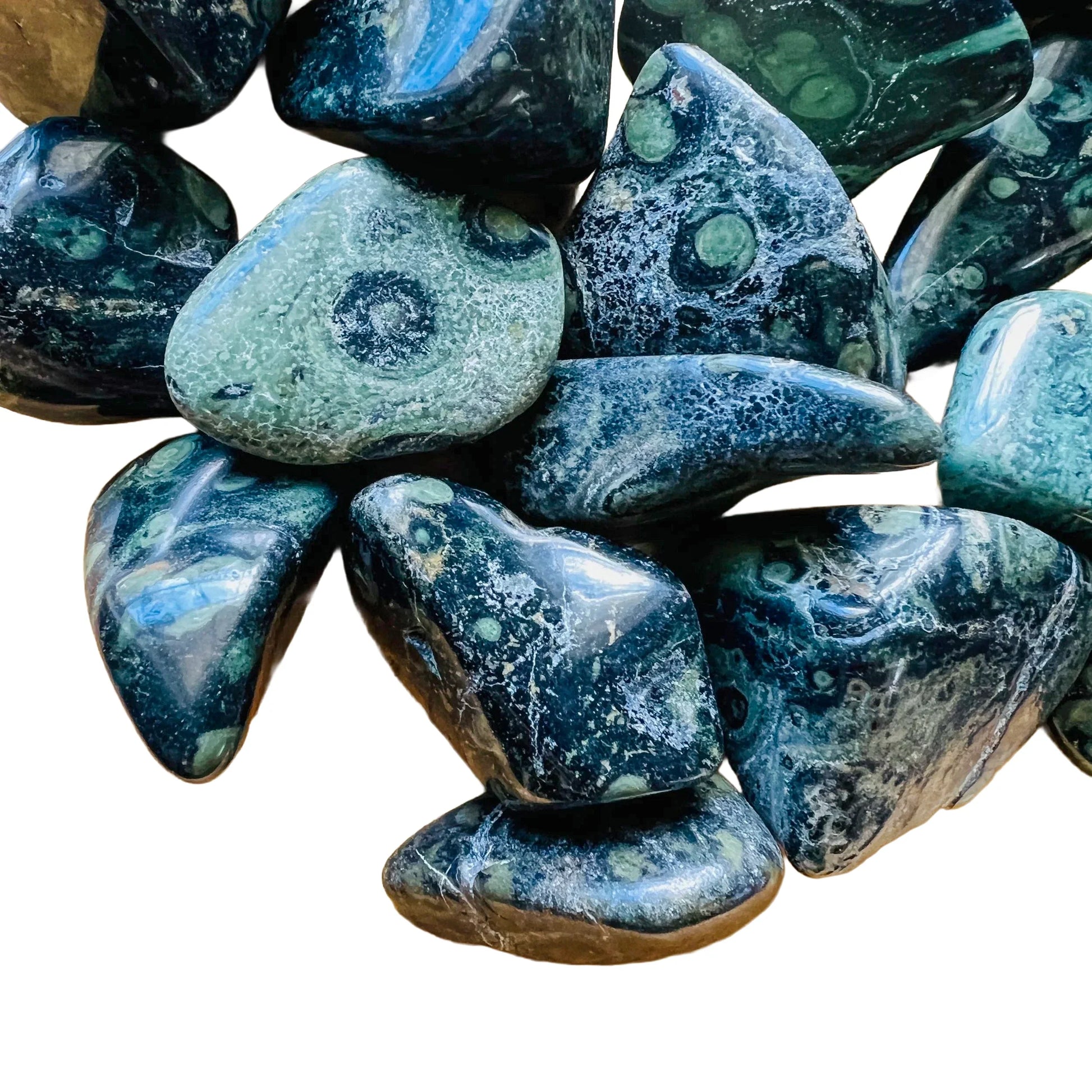 Overhead angle of Grade AA Kambaba Jasper tumbled stone, showing characteristic color, linked to Grounding and Stress Relief.