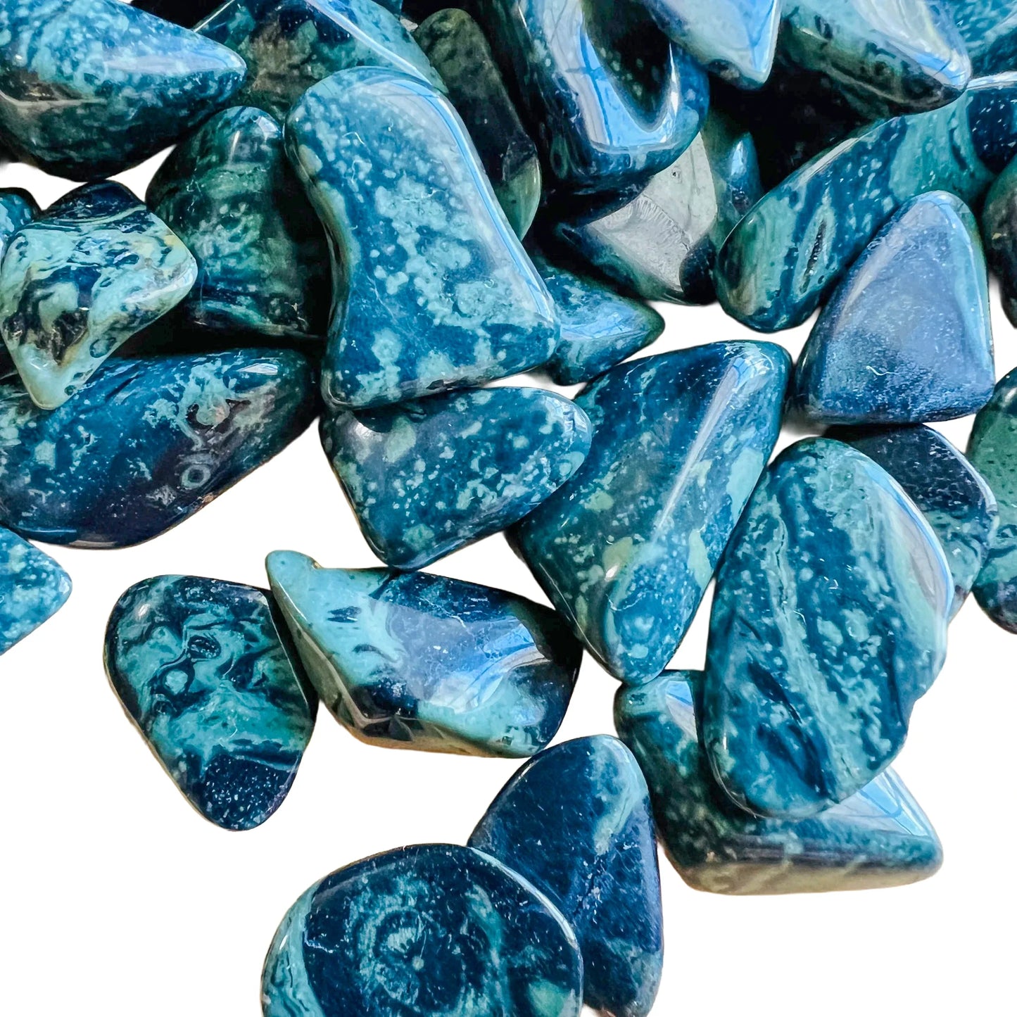 Lateral view of green Kambaba Jasper tumbled stone, for Grounding.