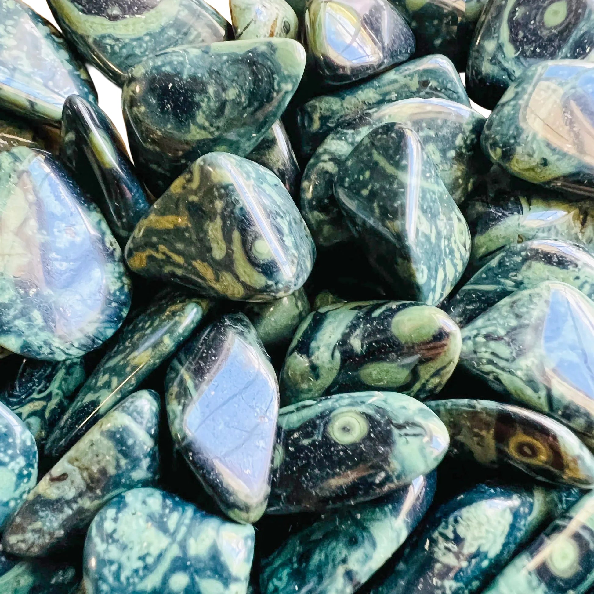 Overhead view of Kambaba Jasper tumbled stone, showing characteristic finish, often paired with practices around Grounding.