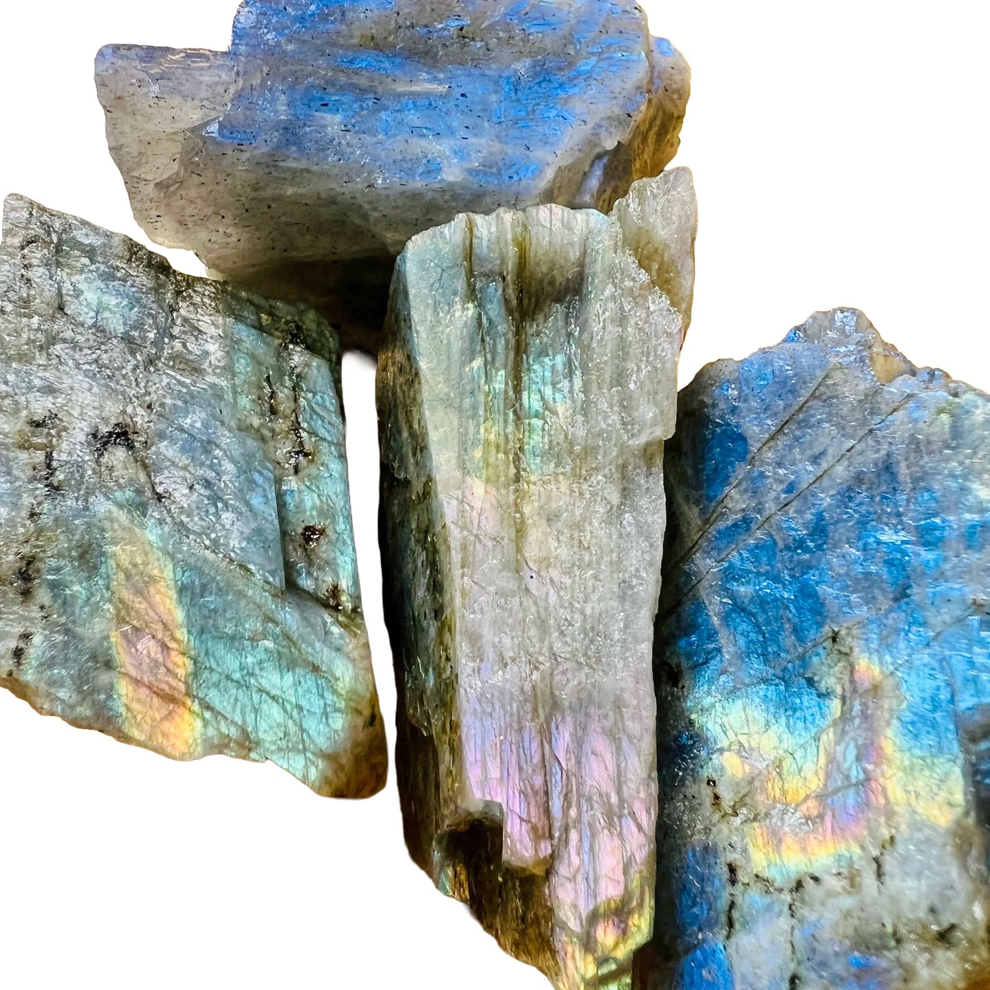 Color detail of Labradorite raw stone, sourced from Atsimo-Andrefana, Madagascar, showing natural banding.