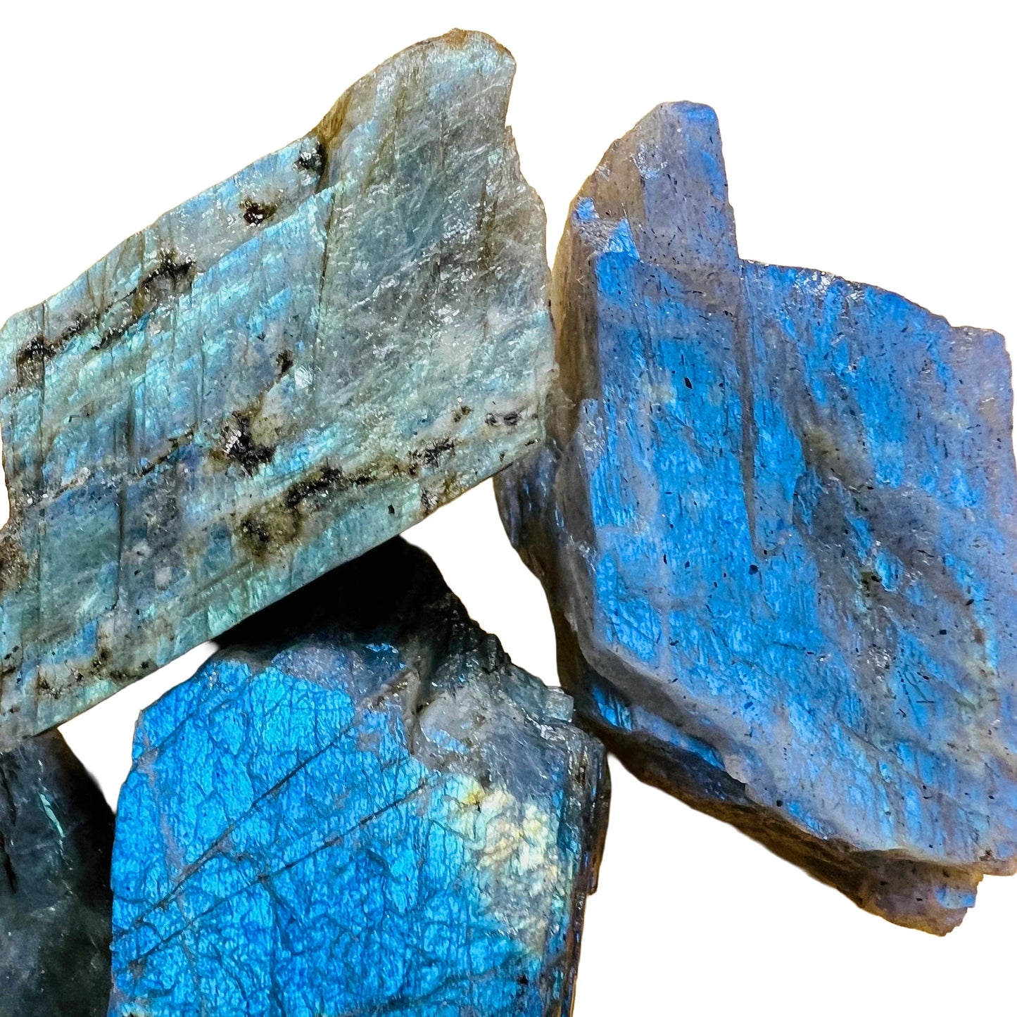 Overhead angle of Labradorite raw stone, showing natural color depth, sourced from Atsimo-Andrefana, Madagascar.