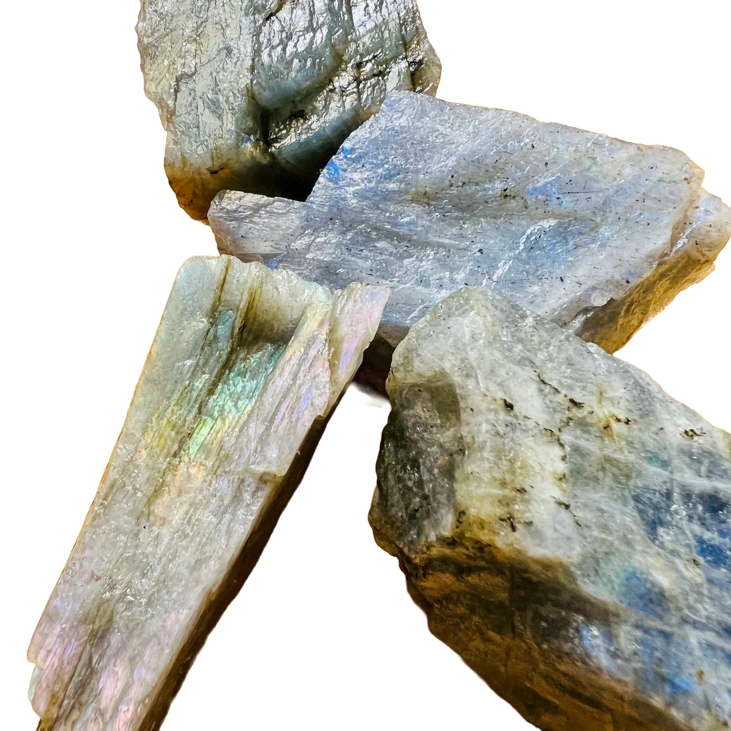 Rear view of Grade AAA Labradorite raw stone, Madagascar-sourced, showing characteristic patterning.