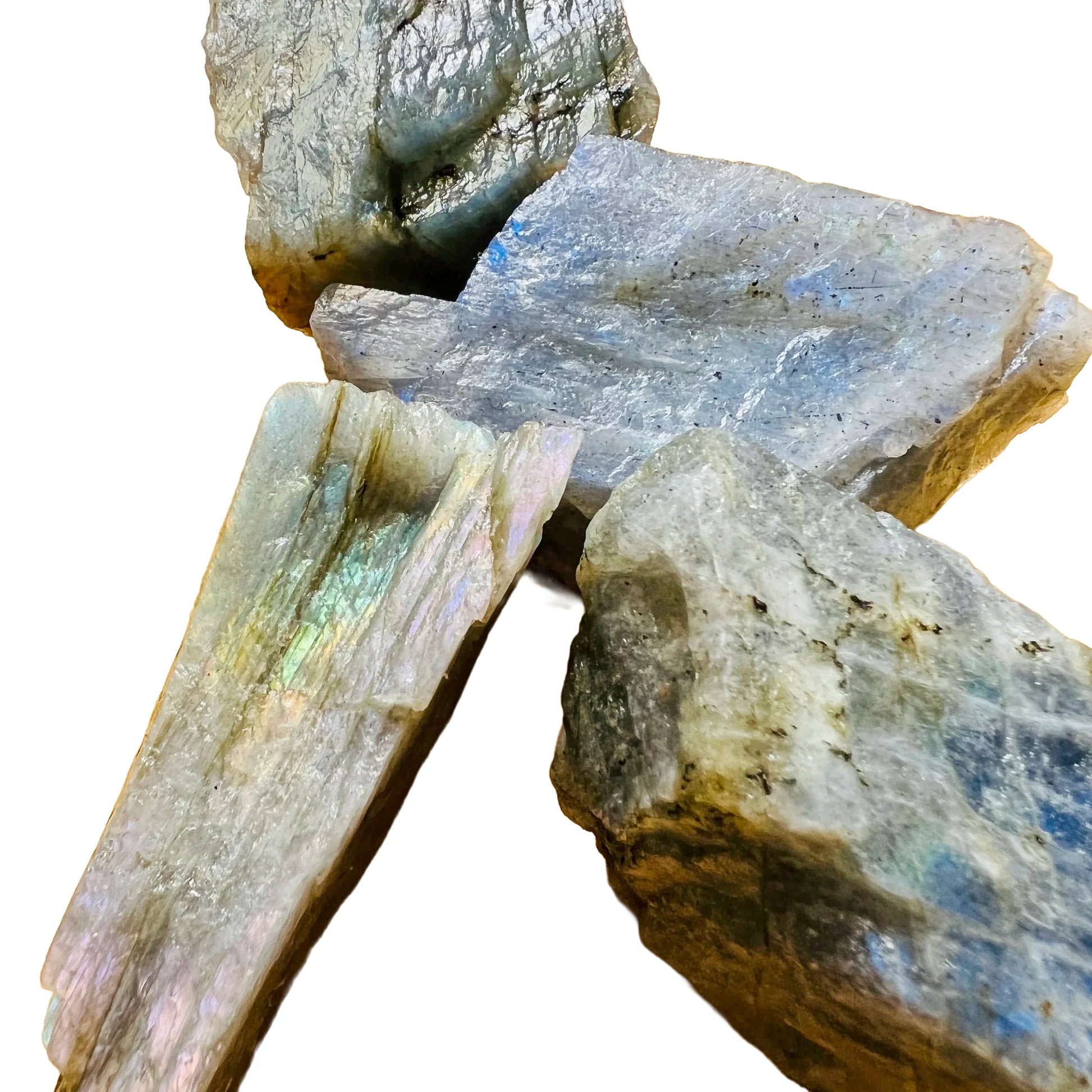 Rear view of Grade AAA Labradorite raw stone, Madagascar-sourced, showing characteristic patterning.