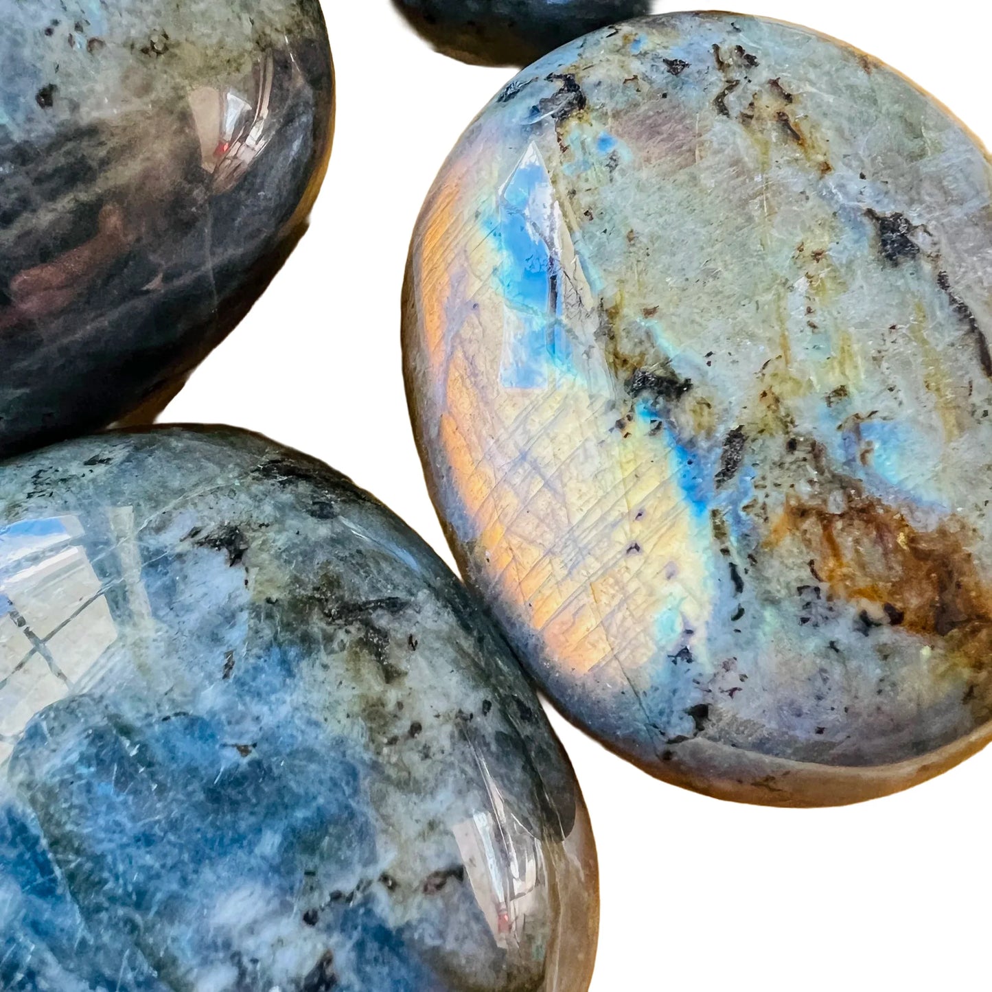 Up-close view of Labradorite palm stone, from Madagascar.
