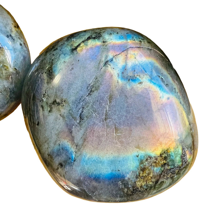 Sideways view of Labradorite palm stone, from Atsimo-Andrefana, Madagascar.