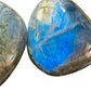 Plan view of Labradorite palm stone, showing characteristic finish.