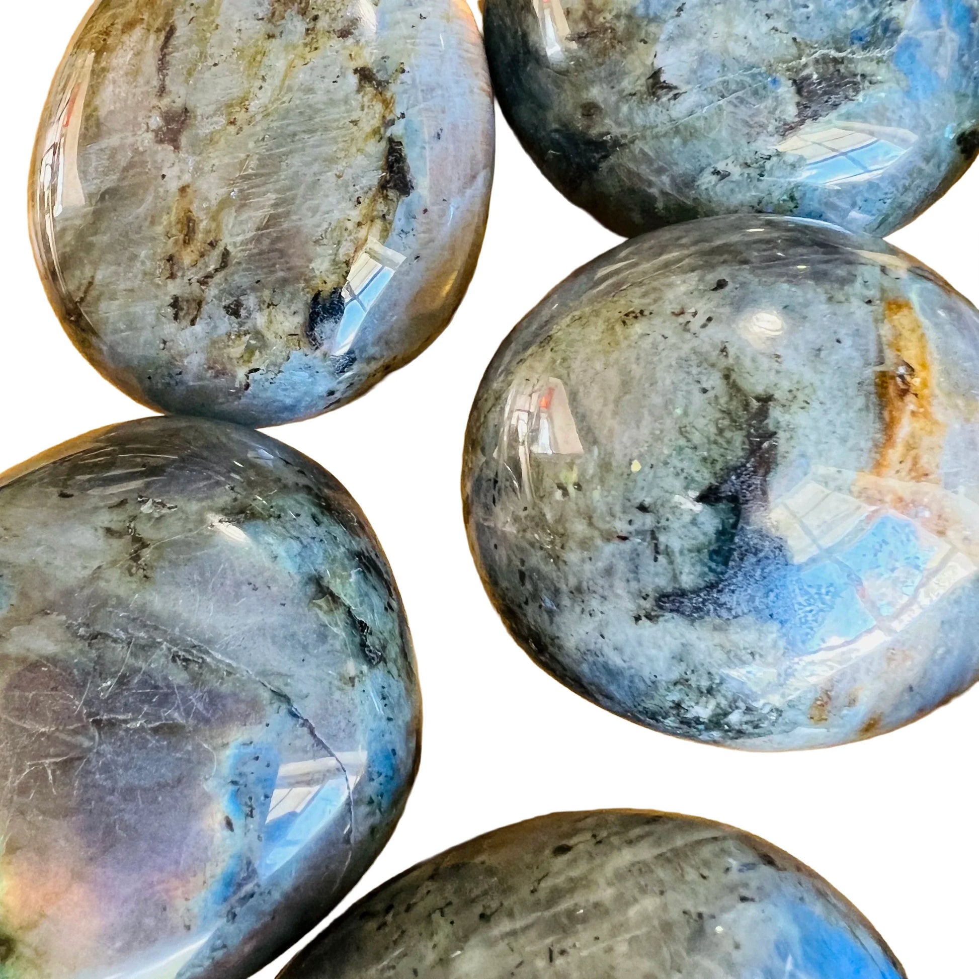 Natural light view of a Labradorite palm stone held against natural backdrop, from Madagascar.