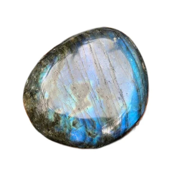 Back view of Grade AAA Labradorite palm stone showing natural surface