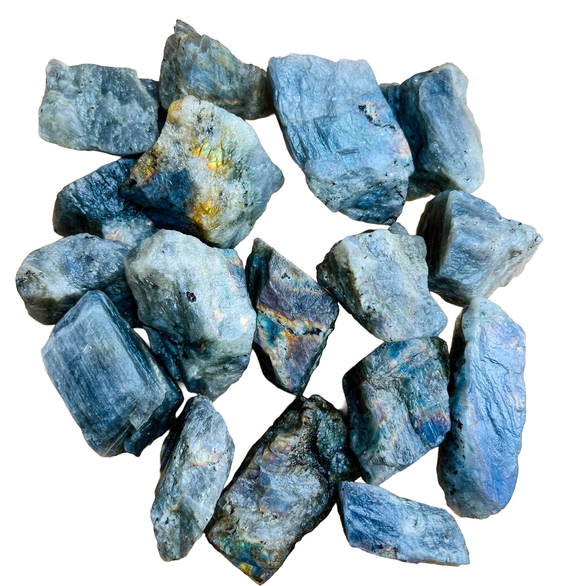 Macro view of Labradorite raw stone, hand-selected from Atsimo-Andrefana, Madagascar, associated with Intuition and Protection.