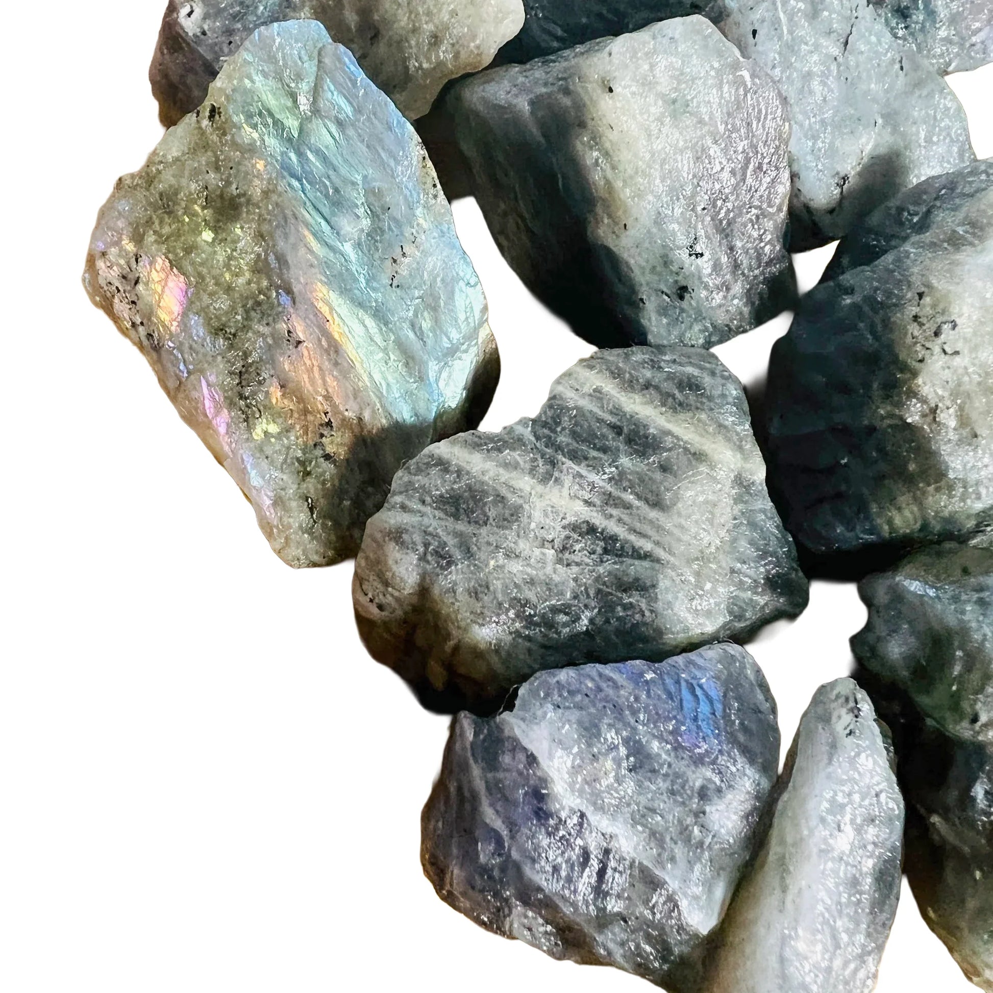 Side profile of Labradorite raw stone, from Madagascar.