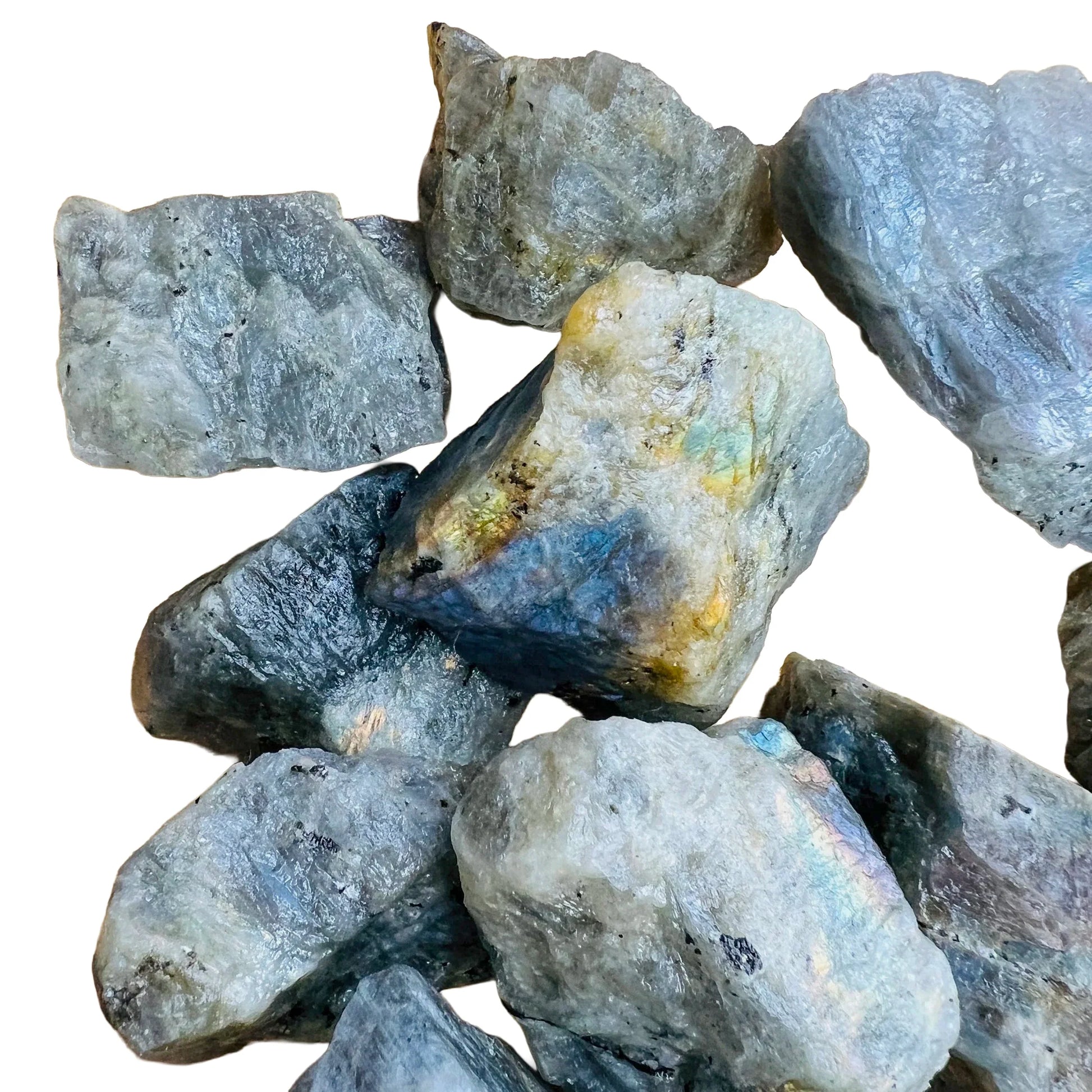 Alternate angle of gray Labradorite raw stone, from Atsimo-Andrefana, Madagascar, showing natural color depth.