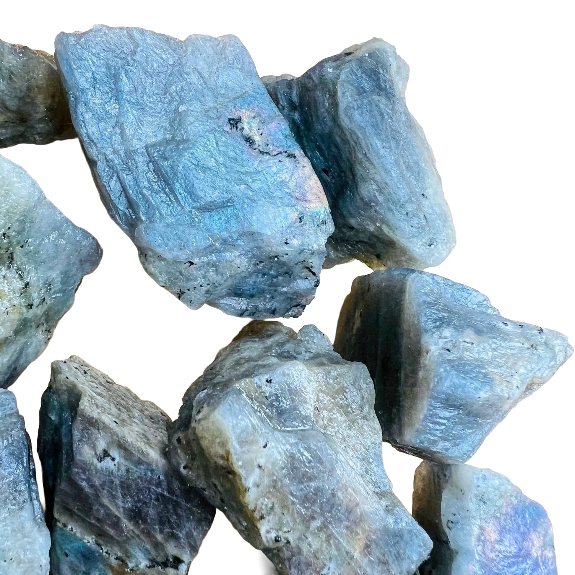 Natural light view of a Labradorite raw stone kept close for Intuition and Protection.