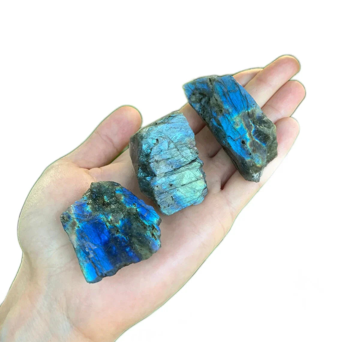 Color detail of Labradorite raw stone, often kept for Intuition and Protection, Madagascar-sourced.