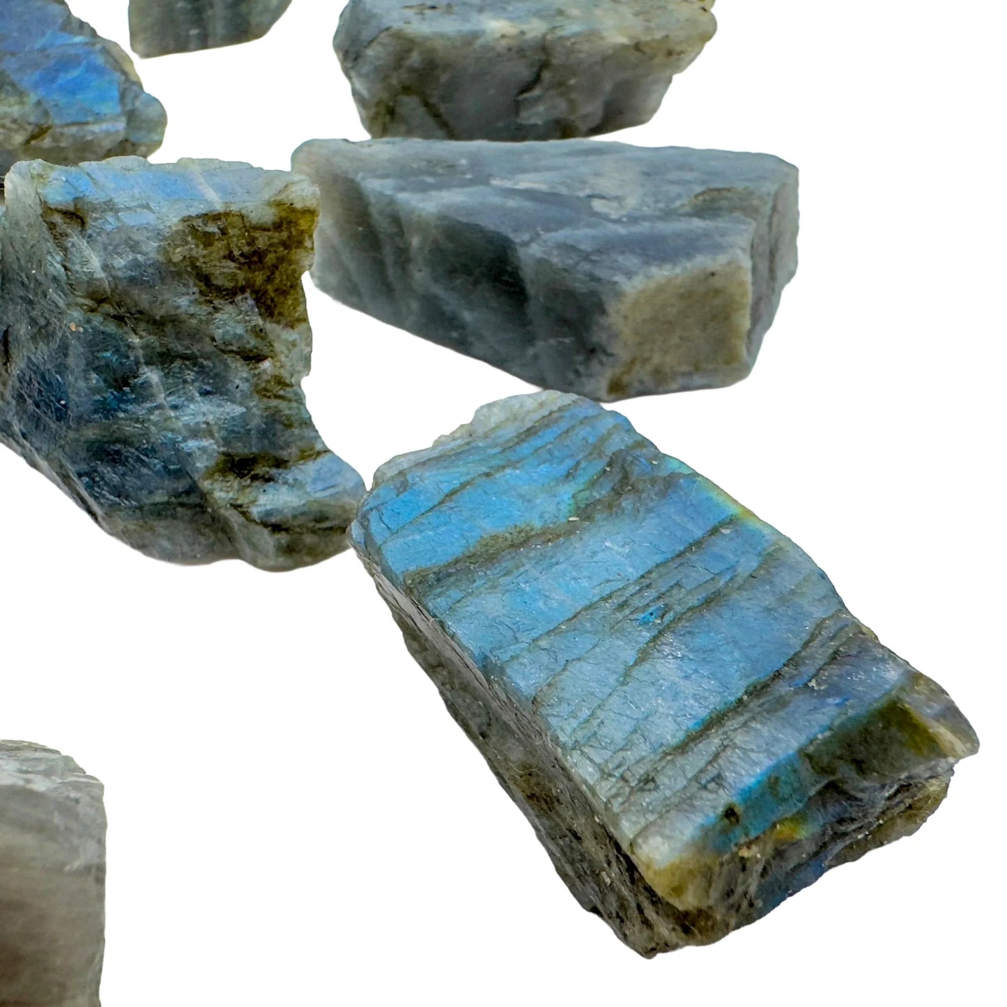 Looking down on Labradorite raw stone, showing characteristic finish.