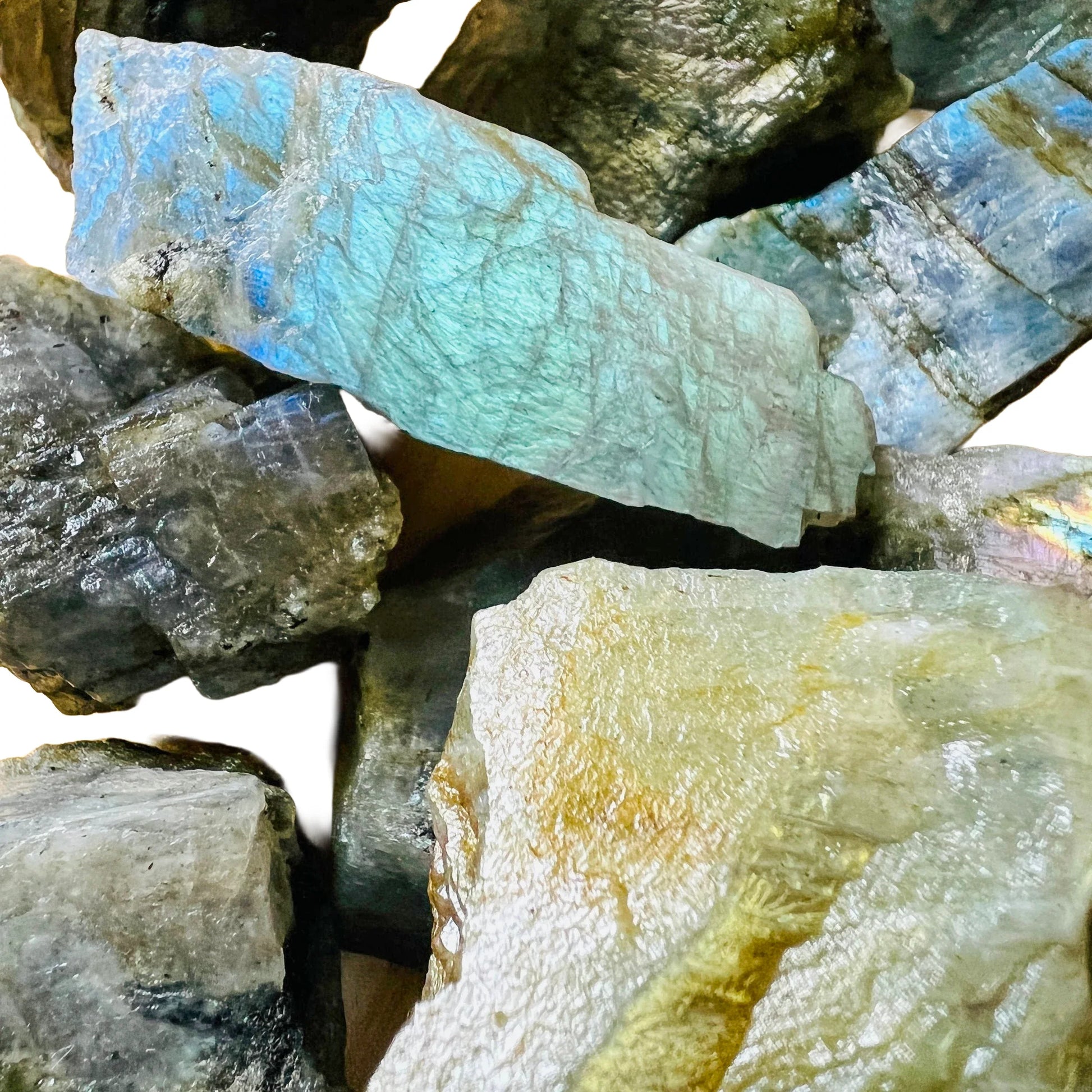 Full profile of Grade AA Labradorite raw ready to ship from Beyond Bohemian